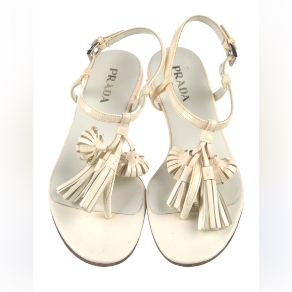 Prada Tassel Ankle T Strap Sandals Patent Leather Thong Shoes Size 36 Ivory - Picture 1 of 11